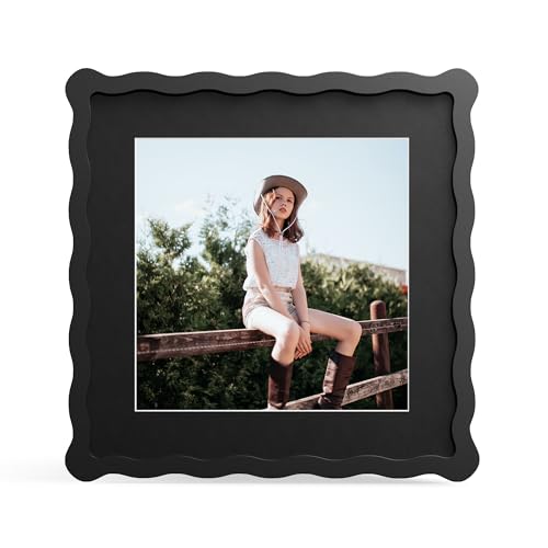 10x10 Picture Frame with Mat for 8x8, Wavy Edge Wooden Real Glass Photo Frame for Tabletop and Wall Hanging, Black, 1 Pack - color: Black, size: 10x10 in