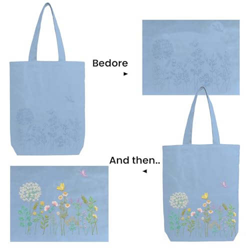 CREAWONDER Canvas Tote Bag Embroidery Kit with Pattern for Beginners, Arts and DIY Embroidery Crafts Kits for Adults, Include Instructions, Embroidery Hoops, Color Threads and Tool - color: CR002 banmeng lightblue