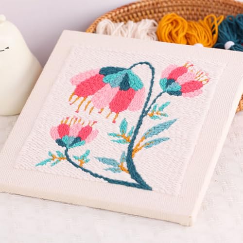 Allazone Punch Needle Kit Frame, Punch Needle Embroidery Kits, Square Punch Needle Fabric with Flower Pattern, Hoop, Yarns, Punch Needle (Beige and Pink) - color: Beige and Pink