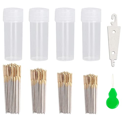 120pcs Cross Stitch Needles +2 Needle Threader Golden Color Large Eyes Cross Stitch DIY Embroidery Hand Needles Sewing Needles in Transparent Box Size 22# 24# 26# 28# - style: 22#+24#+26#+28#