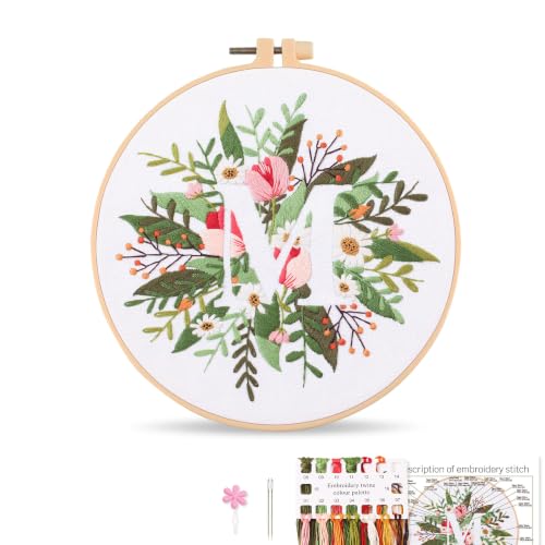 Harimau Letter M Pattern Embroidery Kit for Adult Beginners, Complete Starter Pack with 1 Hoop, Needles, Instruction Guide & Embroidery Stitch Video Tutorials - color: M