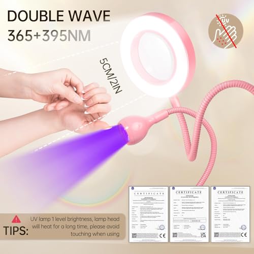 AORAEM LED UV Nail Lamp with Double-Head and 6X Magnifier, Pink - color: Magnifier-Pink