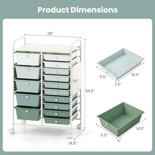 Giantex 15 Drawer Storage Cart, Rolling Craft Cart with Metal Tabletop & Pegboard, Mobile Utility Organizer Trolley with Locking Wheels, Home Office, Classroom, Teacher Supplies, Green Gradient - color: Green Gradient, size: 15 Drawer-25"x14.5"x34.5"