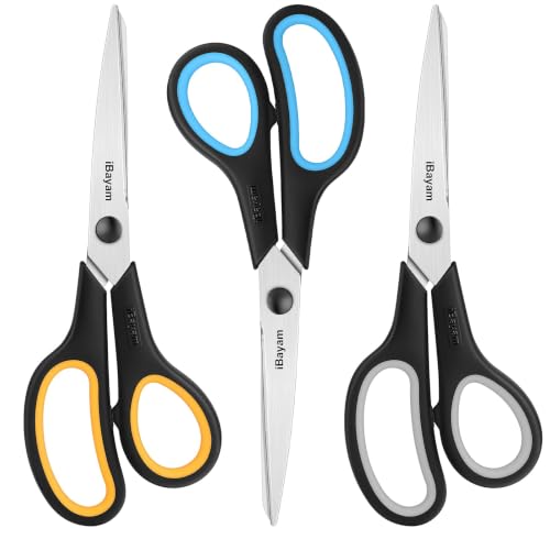 iBayam 8.5" Heavy Duty Black Scissors for Office School Classroom Home Use - color: Yellow, Grey, Blue, size: 3-Pack