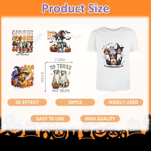Dtf Transfers Ready to Press - 20Pcs Halloween Ghost Dog Iron on Transfers Ghost Dog Pumpkin Iron on Decals Patches Halloween Dog Heat Transfer Vinyl Stickers for Clothing Pillows Bag DIY Crafts - color: Ghost Dog