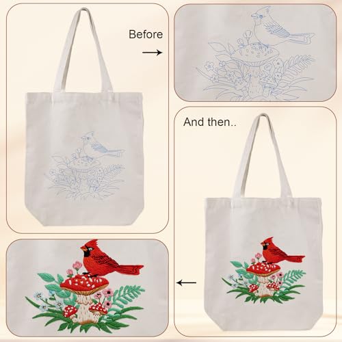 Louise Maelys Embroidery Kit, Cardinal Mushroom Canvas Tote Bag Craft Set - color: Cardinal