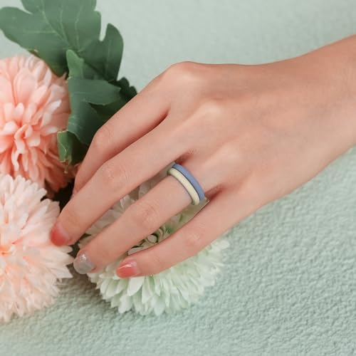Egnaro Women's Silicone Wedding Ring 2.5mm Wide 1.8mm Thick Rubber Band Set - color: SETD4-Black, Green, Cream Beige, Cloudy Blue