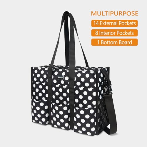 TOPDesign Utility Water Resistant Tote Bag with 22 Pockets, Zipper Closure - color: Polka Dots, size: Medium