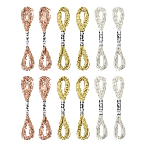 PATIKIL 12 Skeins Embroidery Floss, Metallic Embroidery Thread Nylon Threads Bracelets String for Cross-Stitch Hand Embroidery, Bronze/Silver/Light Gold - color: Bronze/Silver/Light Gold