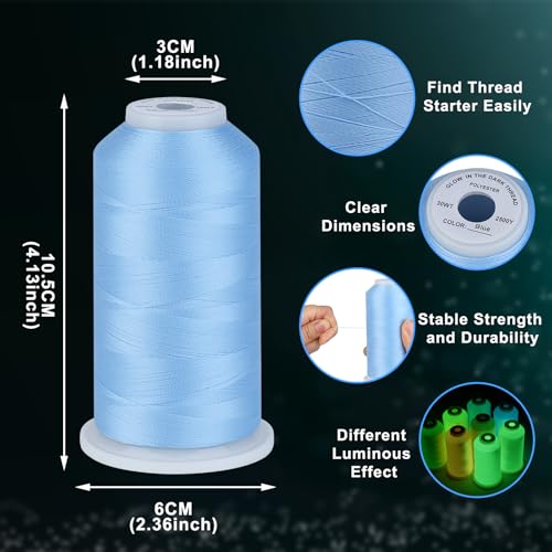 Simthread White Glow in Dark Thread 30WT for Embroidery & Sewing 2500 Yards - color: 30WT White - Green