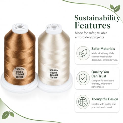 Simthread 2Pk 5500Y 40WT Polyester Embroidery Thread Brown323 Beige843 - color: Natural Duo(LightBrown+Beige)