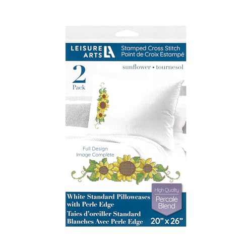 Leisure Arts Pillowcase 20"X26" Sunflower 2Pc, Embroidery Pillow Kit, Stamped Embroidery Pillowcases, Pillow Cases Stamped, Stamped Cross Stitch Cases - color: Multi Color