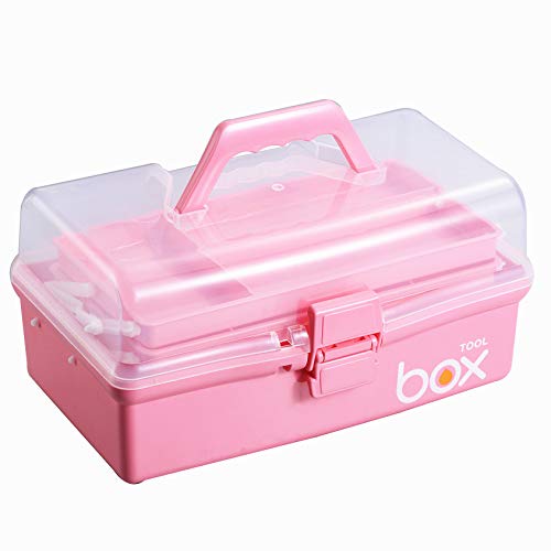 Kinsorcai 12'' Three-Layer Clear Plastic Storage Box with Handle, Craft Tool Box, 3 Layer Pink Tackle Box for Women, Organizer Box for Sewing Art and Cosmetic (Pink) - color: pink, size: 1PCS
