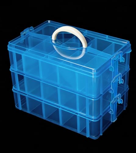 Praisebank 3-Layer Stackable Storage Container Box, 30 Dividers Compartments, Perfect for Storage Jewelry & Arts & Crafts & Sewing. (Blue) - color: Blue
