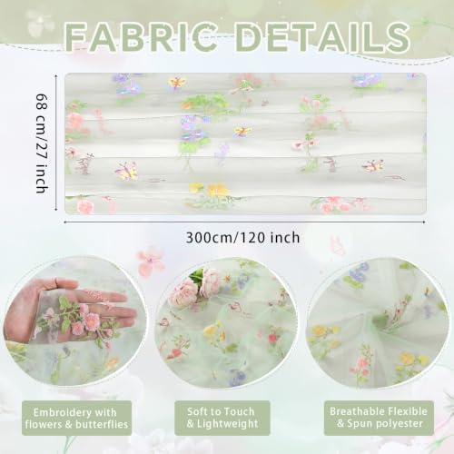 Floral Gauze Table Runner Green 10ft Embroidery Tulle Spring Wildflower - color: Green, size: 27"x120",1pc