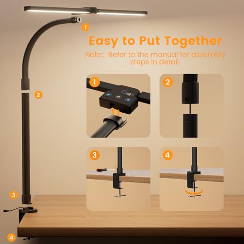 LED Desk Lamp for Home Office, 24W Computer Desk Light with Remote Control, Bright Table Lamp with Clamp Dimmable Tall Desktop Lighting with Bendable Gooseneck, Double Head, Black - color: Black with Clamp