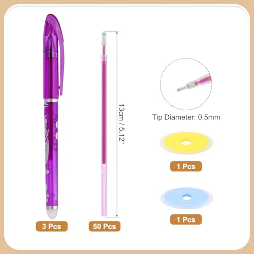 PATIKIL 3Pack Erasable Gel Pens with 50 Refills & 2 Erasers, 0.5mm Heat Erasable Pens for Fabric Purple Ink Fabric Markers for Sewing Quilting Planner Writing - color: Purple