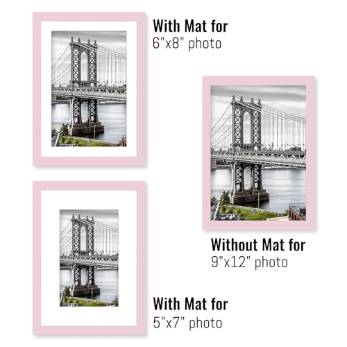 9x12 Picture Frames Solid Wood Display Pictures 6x8 or 5x7, 9x12 Frame Poster Photo Frame Art with 2 Mats for Wall Mounting or Table Top (Pink) - color: Pink, size: 9x12 inch