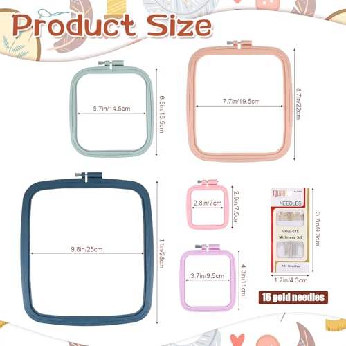 Yuanan 5 Pack 5 Sizes Square Embroidery Hoop, Plastic Embroidery Hoops Cross Stitch Hoops Reusable Embroiderys Hoop for Sewing, Needlework, DIY Projects-2.9"/4.3"/6.5"/7.7"/11"