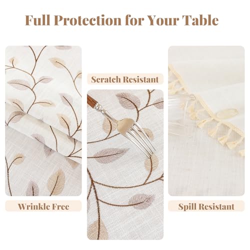 Alsoo Tablecloth Rectangle 55" x 90", Farmhouse Linen Style Table Cloth, Brown Leaf Embroidery & Tassels, Heavy Weight Rustic Wrinkle & Spill Resistant Table Cover for Dining Kitchen (6-8 Seats) - color: Brown Leaf, size: 90" x 55" (Rectangular)