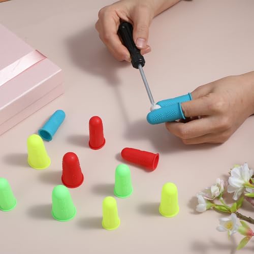 12 PCS Silicone Finger Protectors Covers, 3 Sizes Rubber Finger Tips Office Thumb Guard Sleeves Fingers Thimbles Cots for Hand Sewing Hot Glue Embroidery Cutting Ironing (Yellow Red Blue Green)