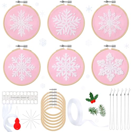 Roowest 6 Sets Christmas Embroidery Kits Snowflake Ornament DIY,Pink - color: Pink