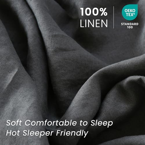 100% French Linen Pillowcases with Embroidery - Pack of 2 - Washed Solid Color Natural Flax Soft Breathable - Dark Grey, 20'' x 30'' - color: Dark Grey, size: 20''x30'' - Embroidery