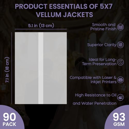 SuFly Pre-Folded Vellum Jackets for 5x7 Invitations, 90-Pack (60lb/93gsm) Translucent Vellum Paper 5x7 Sleeves, Invitation Jackets, Elegant Wedding Invitation Accessories, Envelope Liners, DIY Crafts. - size: 5" x 7", 90 Pack