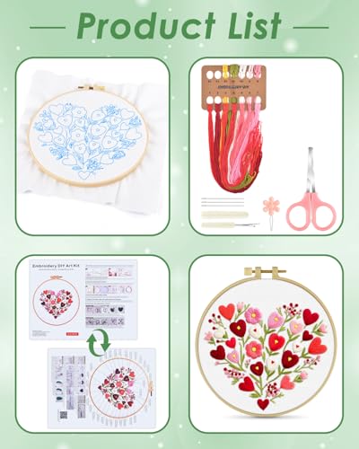 ERKOON Embroidery Kit for Beginners Adult, Flower Cross Stitch Set Include Embroidery Cloth Hoops Threads for Craft Lover Hand Stitch with Embroidery Skill Techniques (Heart) - color: Heart