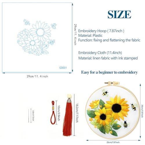 Zhenqing Sunflower Embroidery Kit 3 Designs | 11.4"x11.4" Beginner-Friendly Hand Embroidery Set with Hoop & DMC Threads | DIY Home Wall Decor, Mindful Gift for Mothers Day C0005 - color: C0005