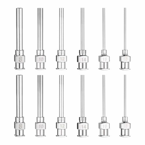 HARFINGTON 12pcs Dispensing Needle Set 8-18 Gauge 1 Inch Stainless Steel Blunt Tip Luer Connector for Refilling Glue Oil Thick Liquids Ink Lab Use (2pcs of Each Size)