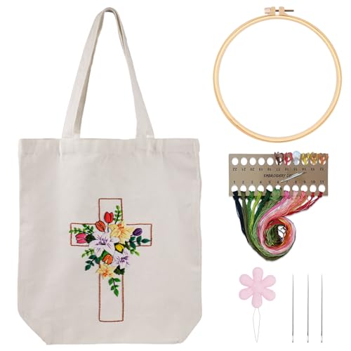 Louise Maelys Cross Floral Embroidery Kit for Beginners Canvas Tote Bag - color: cross lily