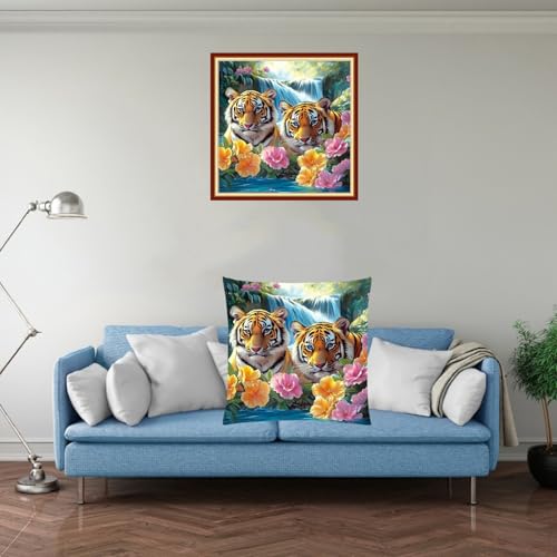 Fanxvivy Stamped Cross Stitch Kits for Adults Beginners Pillow Needlepoint Kit with Embroidery Pattern Needlework Kit Prestamped Stitches Kit 11CT Cross Stitching-Flower Tiger 18x18 inch - color: Pre-pattern 35