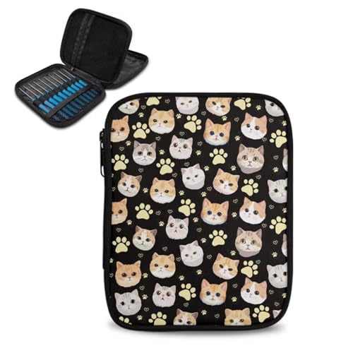 Kathyboom Cat Paw Prints Crochet Hooks Case Zipper Bags Portable Travel Storage Bag Organizer with Web Pocket and Crochet Holder Slots for Carrying Various Needles - color: Cat Paw Prints