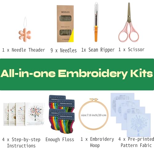 CornerLife 4 Pack Embroidery Kit for Beginners Adults, Hand Embroidery Kits with Pre-Stamped Floral Patterns and Instructions, Adjustable Hoop, Needlepoint Starter Kit DIY Art Crafts Gift (Flower A) - color: Flower A