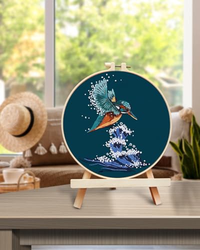 TINDTOP Embroidery Kit for Beginners Adult, Kingfisher Embroidery Kit for Beginners Include Embroidery Cloth Hoops Threads for Craft Lover Hand Stitch with Embroidery Skill Techniques - color: Kingfisher