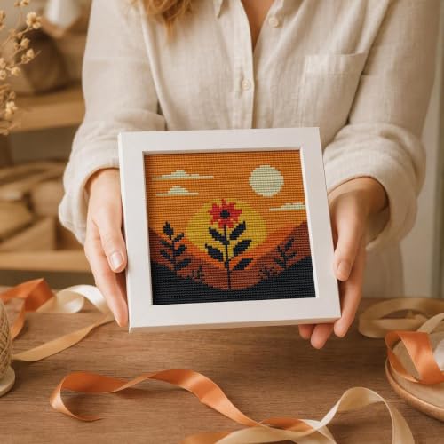 Sunset Floral Landscape Stamped Cross Stitch Kits for Adults with Framed - color: DKJ029