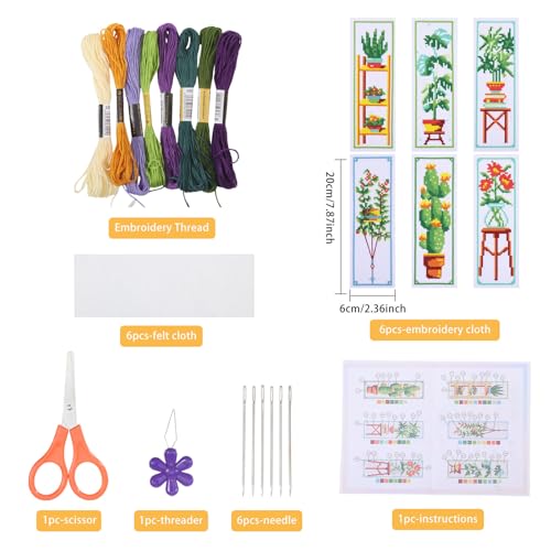 ORIGACH 6 Set Green Plants Cross Stitch Bookmark Kit for Beginner with Backing Felt Floss Instructions DIY Stamped Embroidery Bookmark Kit for Adults, Book Lovers - style: Green Plants