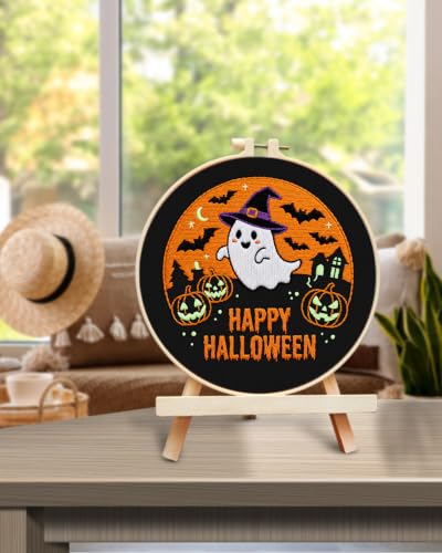 TINDTOP Halloween Embroidery Kit for Adult, Embroidery DIY Starter Kit, with Stamped Patterns, Hoop, Tools, Colorful Threads with Needles, Instructions (Halloween B) - color: Halloween B