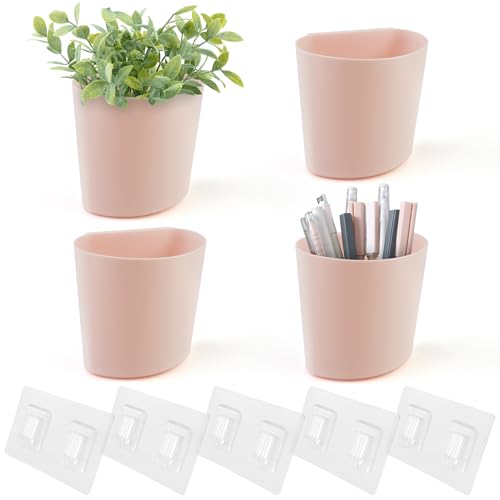 4 Pack Wall Caddy Pen Holders, Adhesive Wall Mount Hanging Bins Cups (Pink) - color: Pink