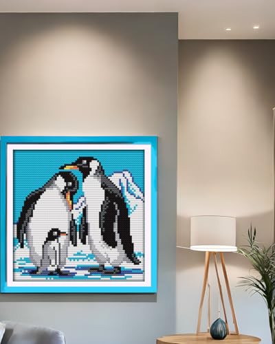 CaptainCrafts Cross Stitch Kits, New Counted Kit Unprinted 14CT Fabric Cross Stitching DIY Art DMC Needlecrafts Embroidery Kit for Adults Beginner (White, Penguin Family) - color: Penguin Family, style: White