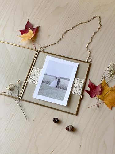 Glass Frame for Pressed Flowers, Leaf and Artwork - Hanging Square Metal Picture Frames, Clear Double Glass Floating Frame, Wall Decor Photo Display, Set of 2 Flower Press Frames with Chain (Gold, 10x10) - color: Gold, size: 10x10