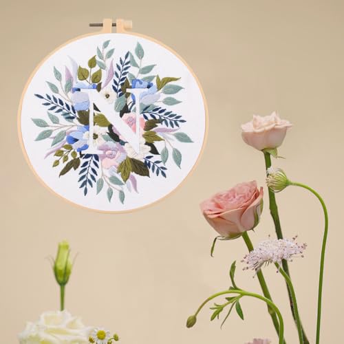 IUHUI Embroidery Kit for Beginners Adults - 26 Floral Letters Easy Patterns, DIY Hand Stitching Embroidery Set with Hoop (Flower and Grass Letter N) - color: Flower and Grass Letter N