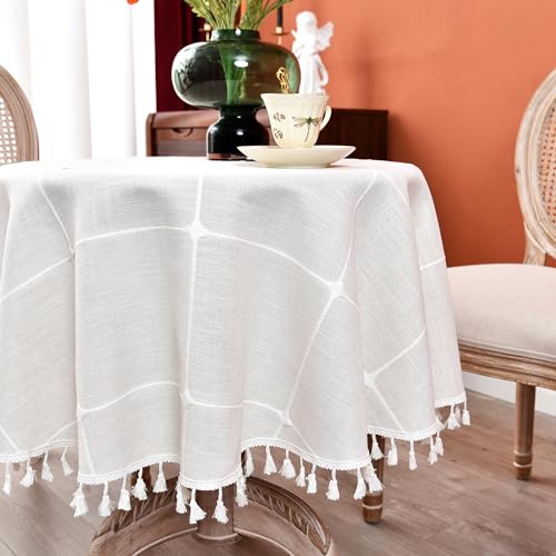 Plaid Round Tablecloth 36 Inch Cotton Linen Round Table Cloth - color: Off-white, size: 36" (Round)