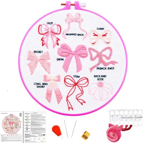 Pink Bowknot Embroidery Kits for Beginners Adults, Cute Hand Embroidery Starter Kits, Counted Cross Stitch Kits for Beginners DIY Craft Kits for Adults Women, Embroidery Hoops, Thread & Video Tutorial - color: H2049