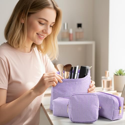 Sanwuta 4 Pcs Seersucker Pouch Striped Makeup Bag Set, Purple - color: Purple