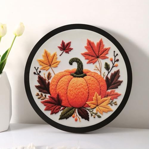 Esffaci Embroidery Starter Kit for Adult Beginner with Pumpkin Flower Pattern Hand Embroidery Set with Cloth Hoop Needle Threader Floss and Instruction - color: Pumpkin