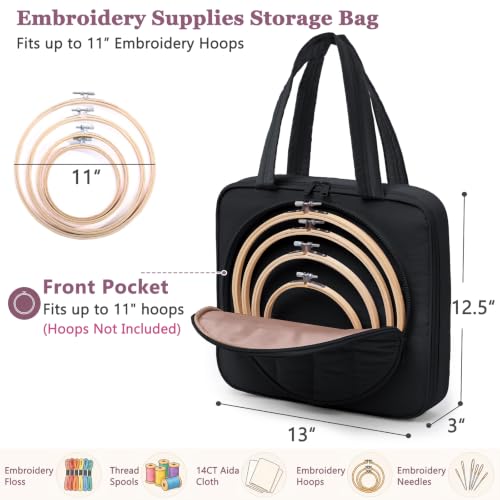 MYBAGZING Embroidery Bag Organizer,Cross Stitch Project Bag w/Hoop Storage - color: Black