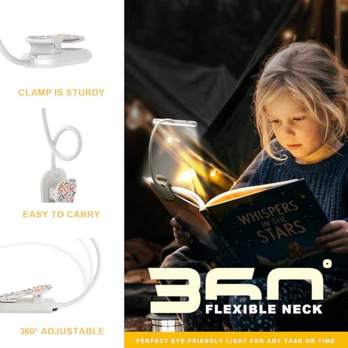 Rechargeable Kids Book Light 25 LEDs - Reading Light for Kids, Eye Caring 3 Colors & 5 Brightness Levels, Extended 1200mAh Battery, Gifts for Kids & Book Lovers (White Doodle) - color: White Doodle