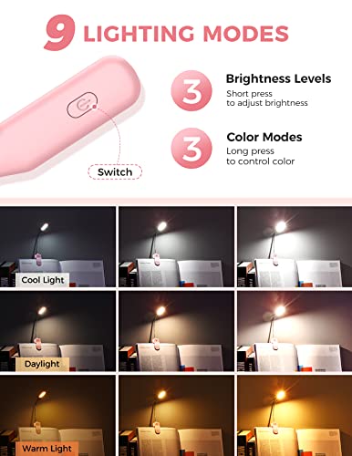 Monotremp Book Lights for Reading at Night in Bed, 80 Hours Runtime Rechargeable Reading Lights for Books in Bed, 3 Brightness Levels × 3 Color Temperatures, 1.3 oz Lightweight - color: Pink